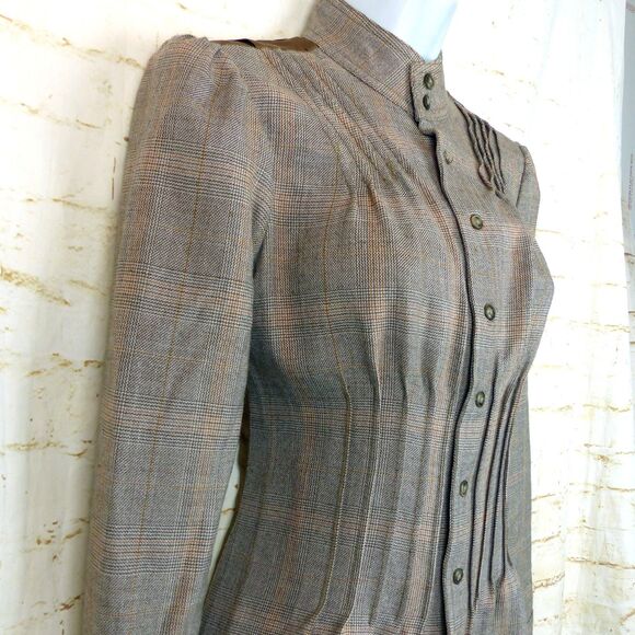 Free People Jacket Size 2 Brown Plaid Wool Button Pin Tuck Ruffle Back Military - Picture 13 of 13